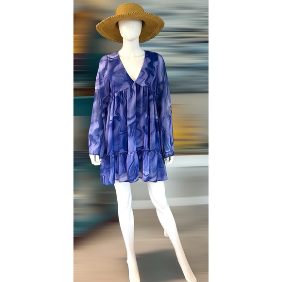 PEACH LOVE CALIFORNIA Purple swirl flare sleeve tunic dress S M - Picture 4 of 7